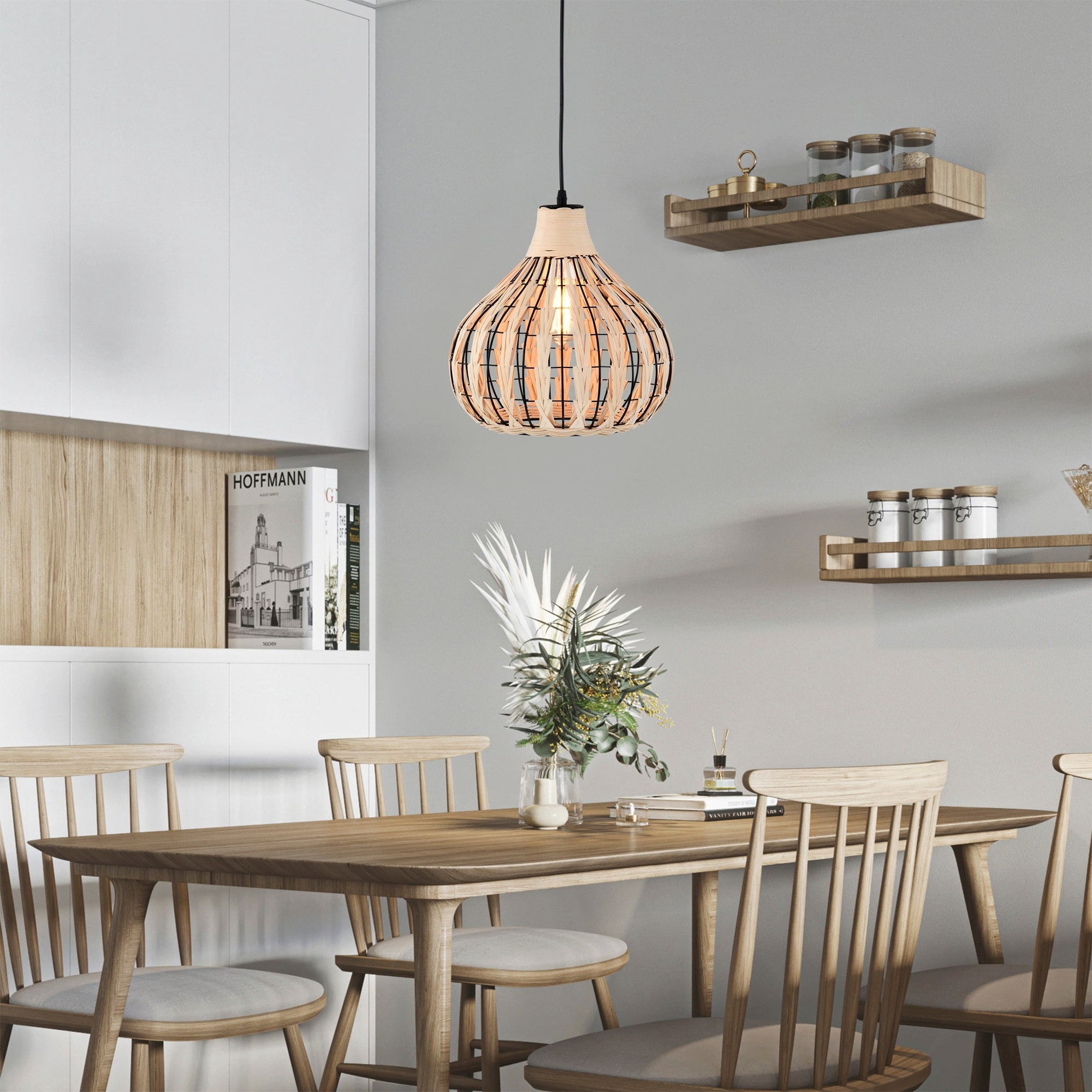 Zilpah 12 in. 1-Light Indoor Matte Black and Woven Rattan Finish Pendant with Light Kit