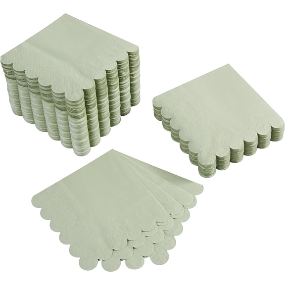 100 Pack 2-Ply Cocktail Napkins, Sage Green Disposable Paper Napkins with Scalloped Edge, 5 x 5 Inch Folded, 10 x 10 Inch Unfolded for Parties, Weddings, Restaurants and Events