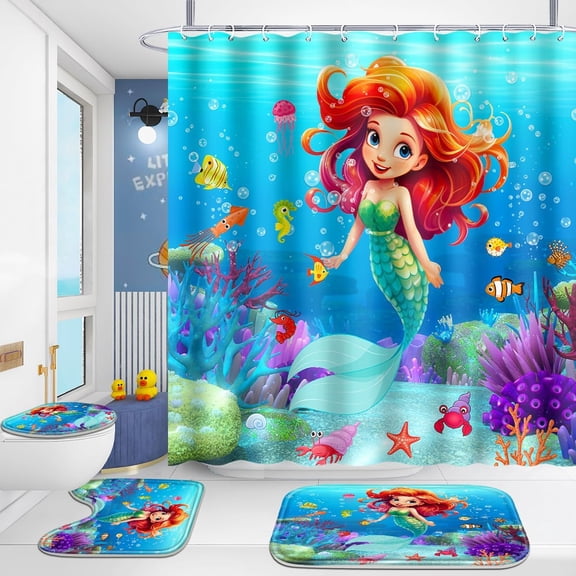 4 Pcs Bathroom Shower Curtain Set,Kids Bathroom Sets with Rugs(Bath Mat,U Shape and Toilet Lid Cover Mat) and 12 Hooks,Under The Sea-01