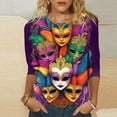 thumbnail image 4 of Yteetum Mardi Gras T Shirts for Women Oversized Crewneck Carnival Mask Print 3/4 Sleeve Top Womens Casual Round Neck Funny Mask Tuesday Carnival Party 3/4 Length Sleeve Tee Shirt Spring Summer Clothe, 4 of 6