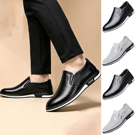 Men's Perforated Faux Leather Slip on Loafers, Breathable Hollow out Soft Lightweight Casual Dress Shoes for Driving Travel Walking Office