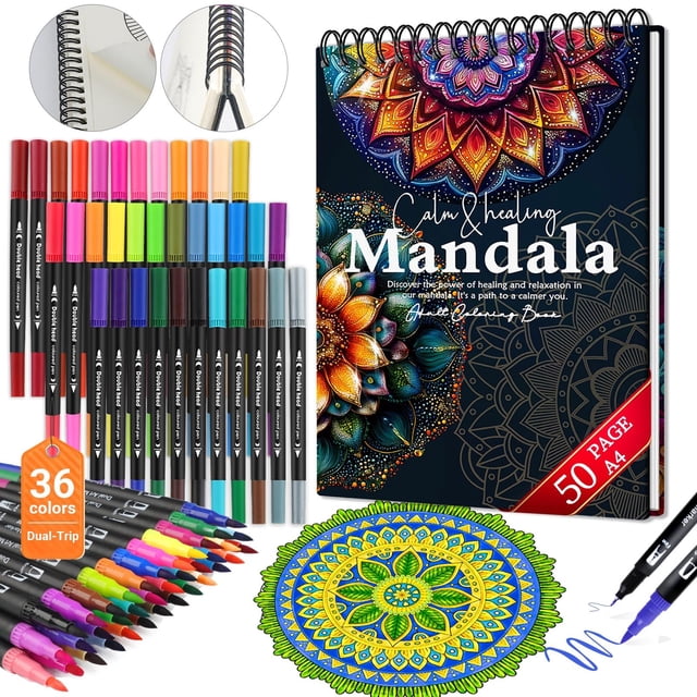 Libro de colorear Mandala para adultos con 36 rotuladores de doble punta