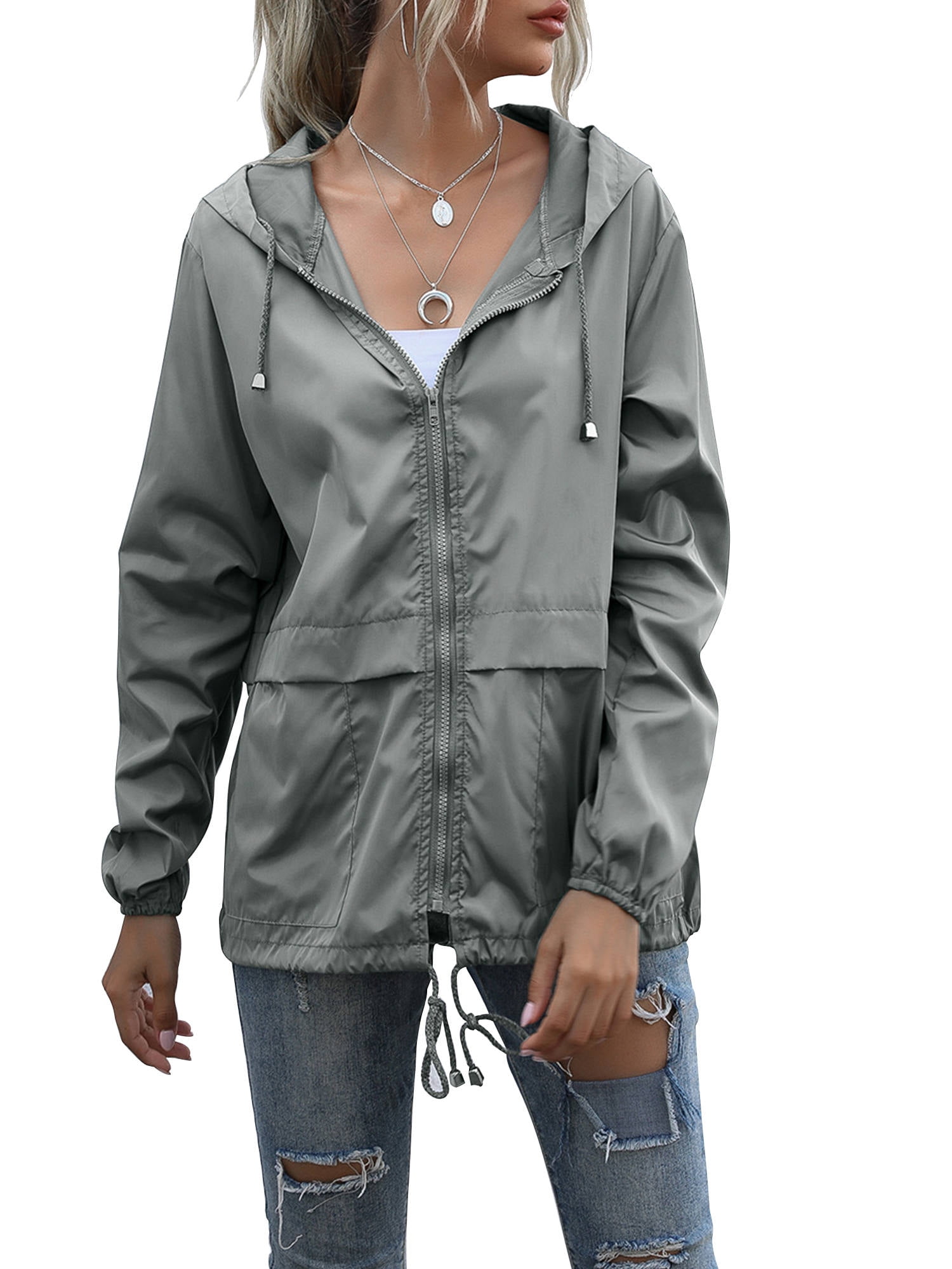 Aibrou Womens Hooded Jacket Long Sleeve Outdoor Waterproof Lightweight Thin Windbreaker Raincoats 