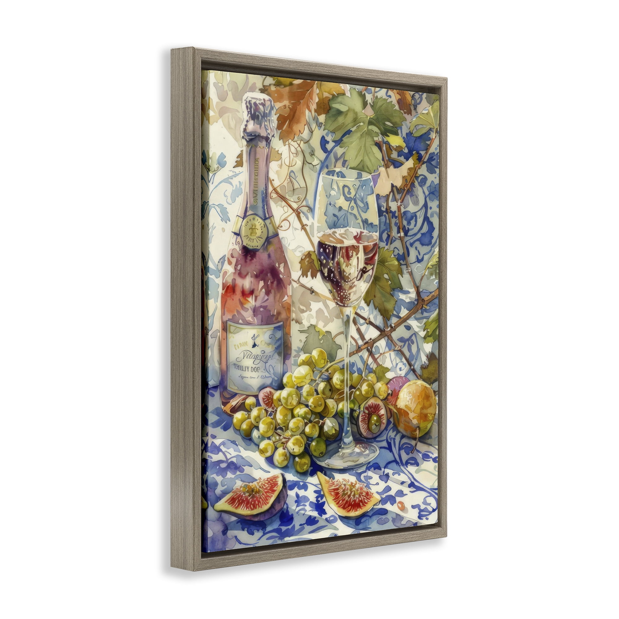 Stupell Industries Grapes & Wine Bottle Food & Beverage Painting Brown Floater Framed Canvas Art Print Wall Art, 17 x 25