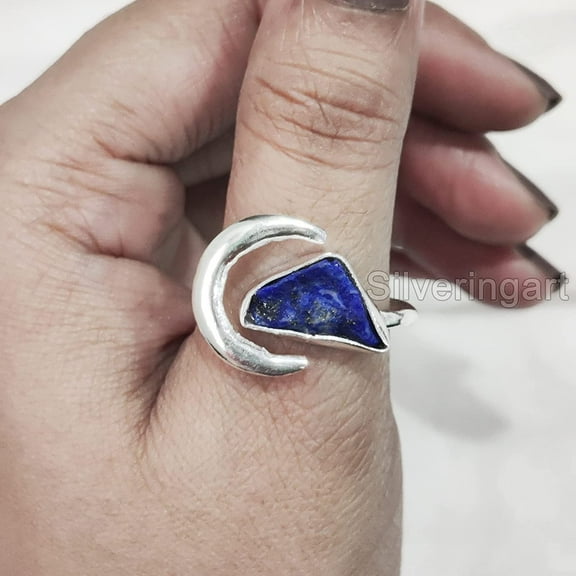 Lapis Lazuli Ring, Rough Lapis Lazuli Ring, Afghani Lapis, Crescent Moon Adjustable Ring, 925 Sterling Silver, Womens Ring, Christmas, Thanksgiving, Handmade, Statement Jewelry, Rough Gemstone Jewelry