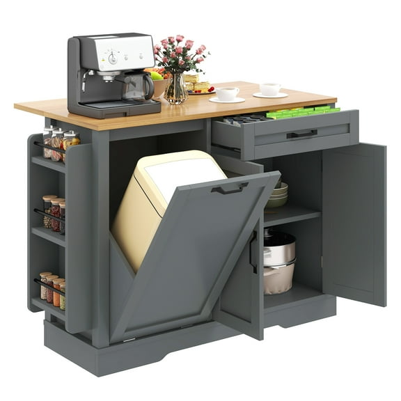 Craftian Rolling Kitchen Island with Drop Leaf Countertop, Kitchen Island Cart with Storage Cabinet for 13-Gallon Trash Bin, Gray
