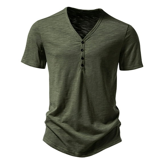 WREESH Men's Casual Solid Color Three Button Pullover, Short Sleeve T-Shirt Top with a Classic Fit Olive Green