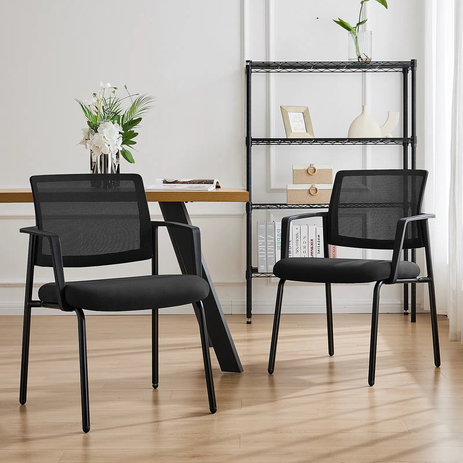 EDX Stacking Metal Mesh Back Chairs with Arm, Sturdy Upholstered Chairs, Black, 2 Packs