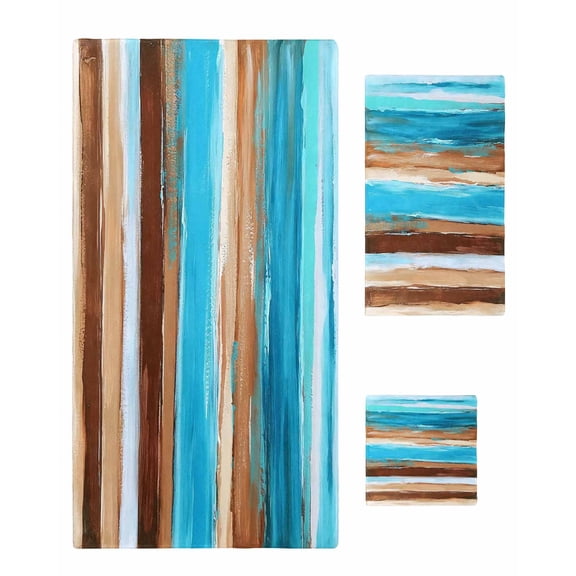 Turquoise Brown Towel Set of 3, Soft Microfiber Bath Towels, Hand Towel, Washcloths, Gradient Rustic Ocean Wood Grain Quick-Dry Absorbent Towels for Bathroom Kitchen Hotel Beach Gym Spa