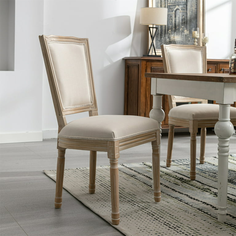 Wood Dining Chairs Set of 2, French Style Linen Fabric Upholstered