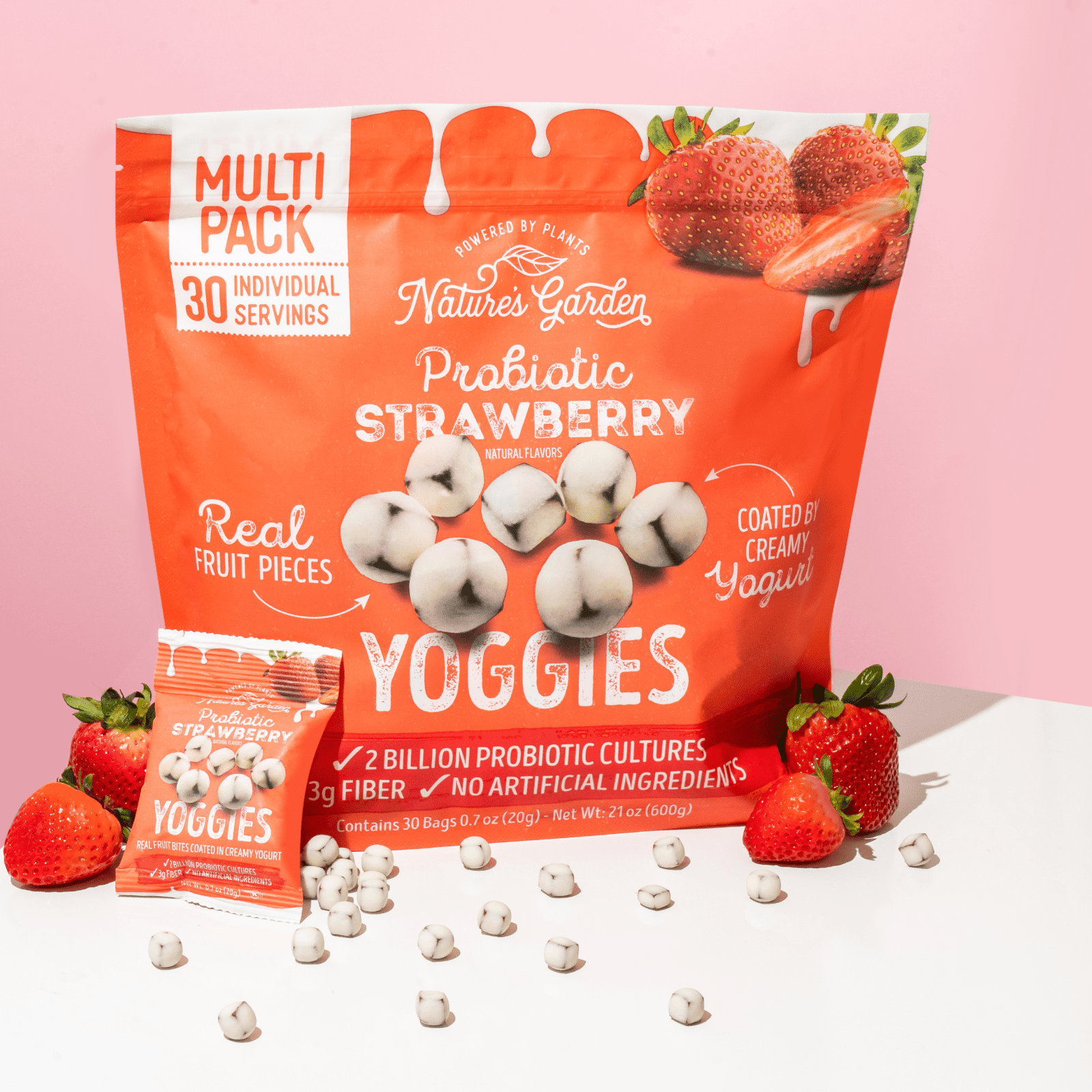 Nature’s Garden Probiotic Yoggies Strawberry, 21oz (0.7oz x 30) - Pack of 4  – Yogurt-Covered Real Fruit Bites – Gluten-Free, Non-GMO, High-Fiber Snacks for Adults & Kids