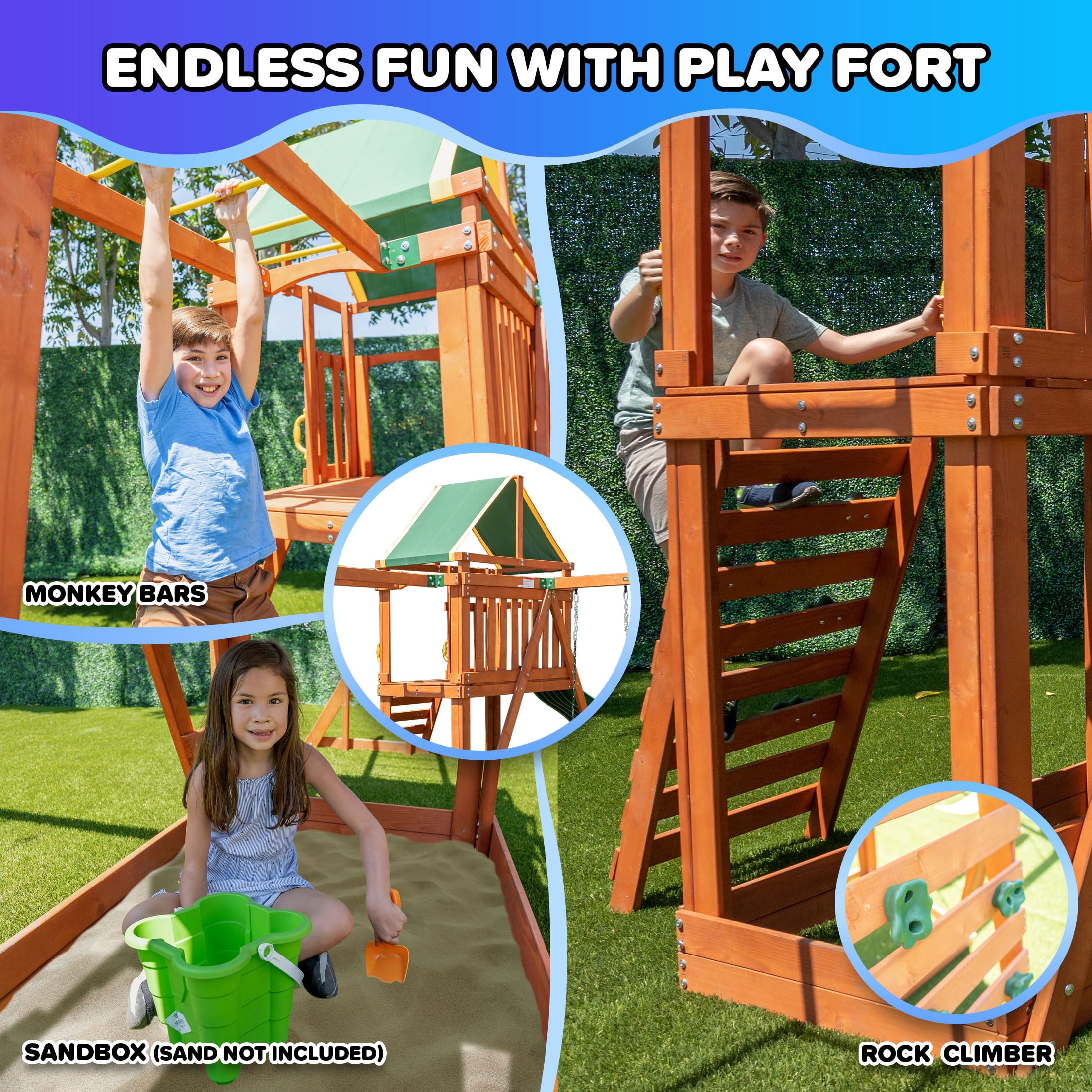 Sportspower Olympia Wooden Swing Set for Kids 3-8 with 2 Belt Swings, 2-Person Skyflyer, 8' Slide, Play fort, Sandbox & Monkey Bars