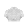 thumbnail image 5 of Aiihoo Kids Girls Jazz Dance Performance Outfit Mock Neck Short Sleeve Sequins Metallic Shirt Crop Top with Shiny Tutu Skirt Streetwear Silver 14, 5 of 6