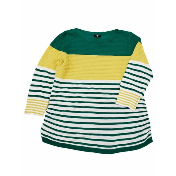 Womens Green Yellow White Stripe Ribbed Dressy Stretchy Sweater Top Shirt L