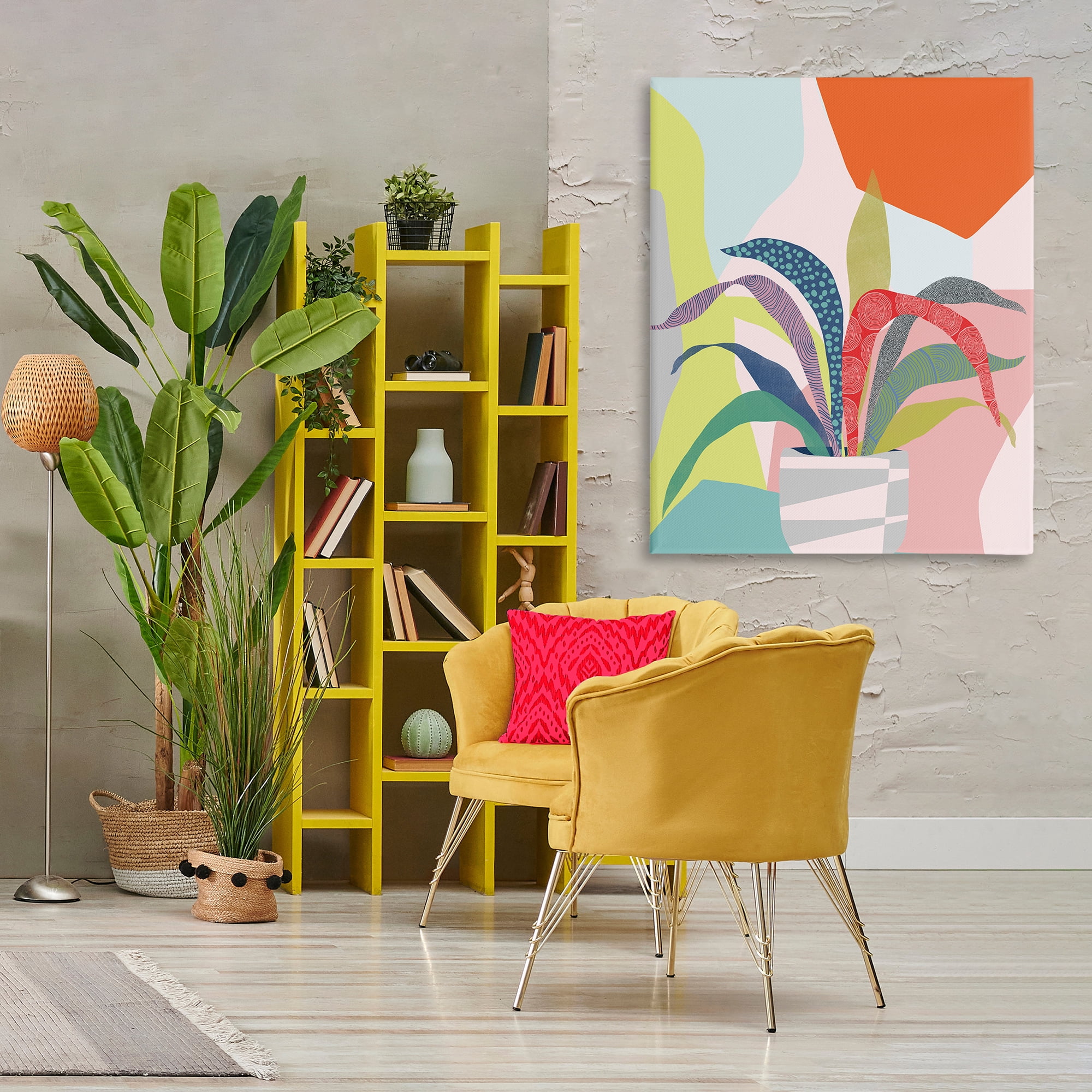 Stupell Industries Modern Geometric Plant Leaves Plants & Flowers Painting Wrapped Canvas Art Print Wall Art, 36 x 48