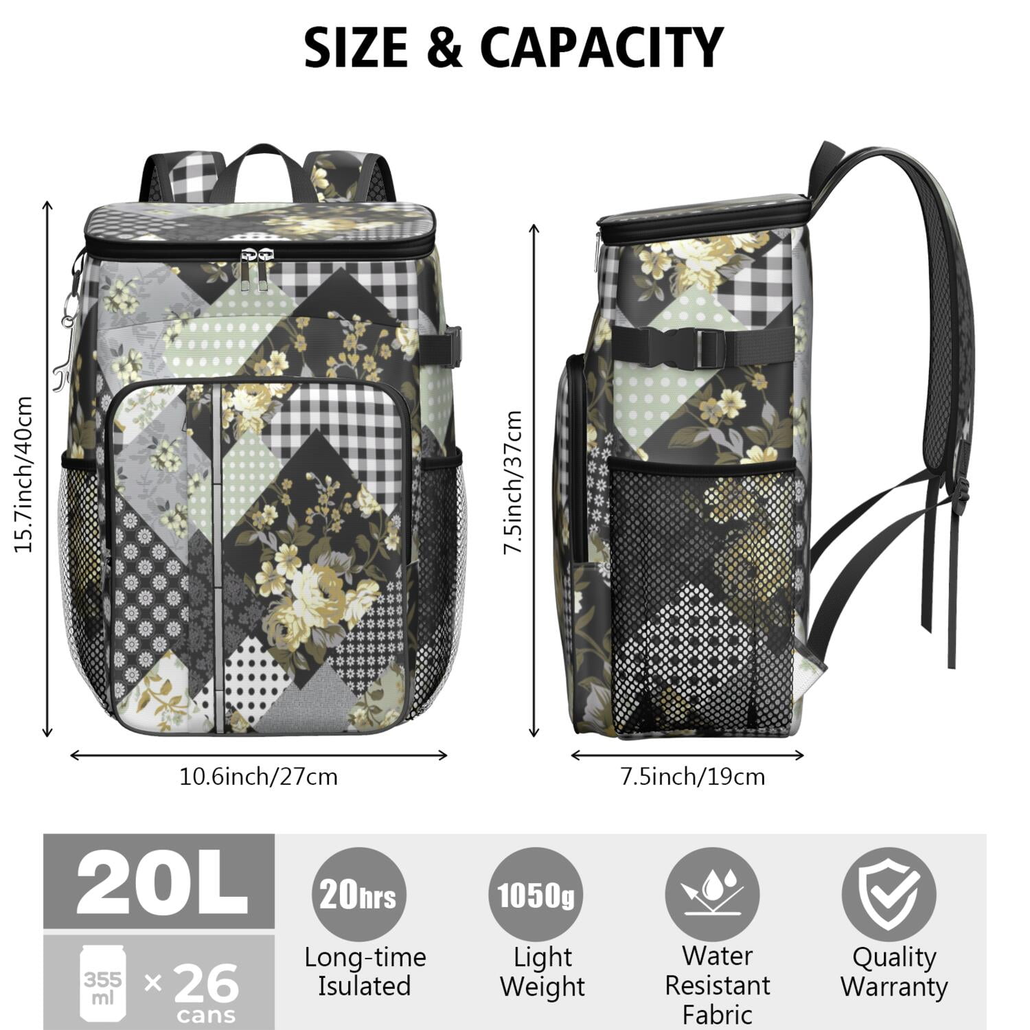 Travel Cooler Bag - Pioneer Flower Floral Print Pattern Camping Beer Cooler Backpack with Bottle Opener- Waterproof Insulated Picnic Backpacks - Cooler Bag for Beach