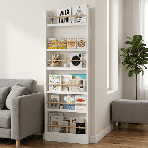 VGBYUJ 6 Tier Behind The Door Bookshelf, 70" Thin Narrow Bookshelf, Space Saving Wall Book Shelf Coner Bookshelf, White