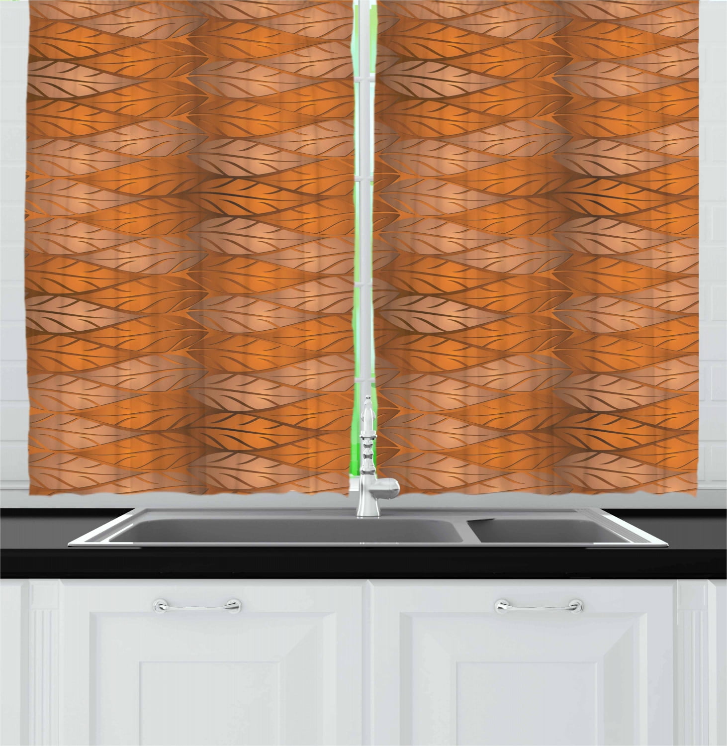Copper Curtains 2 Panels Set, Artistic Autumn Nature Inspired Pattern
