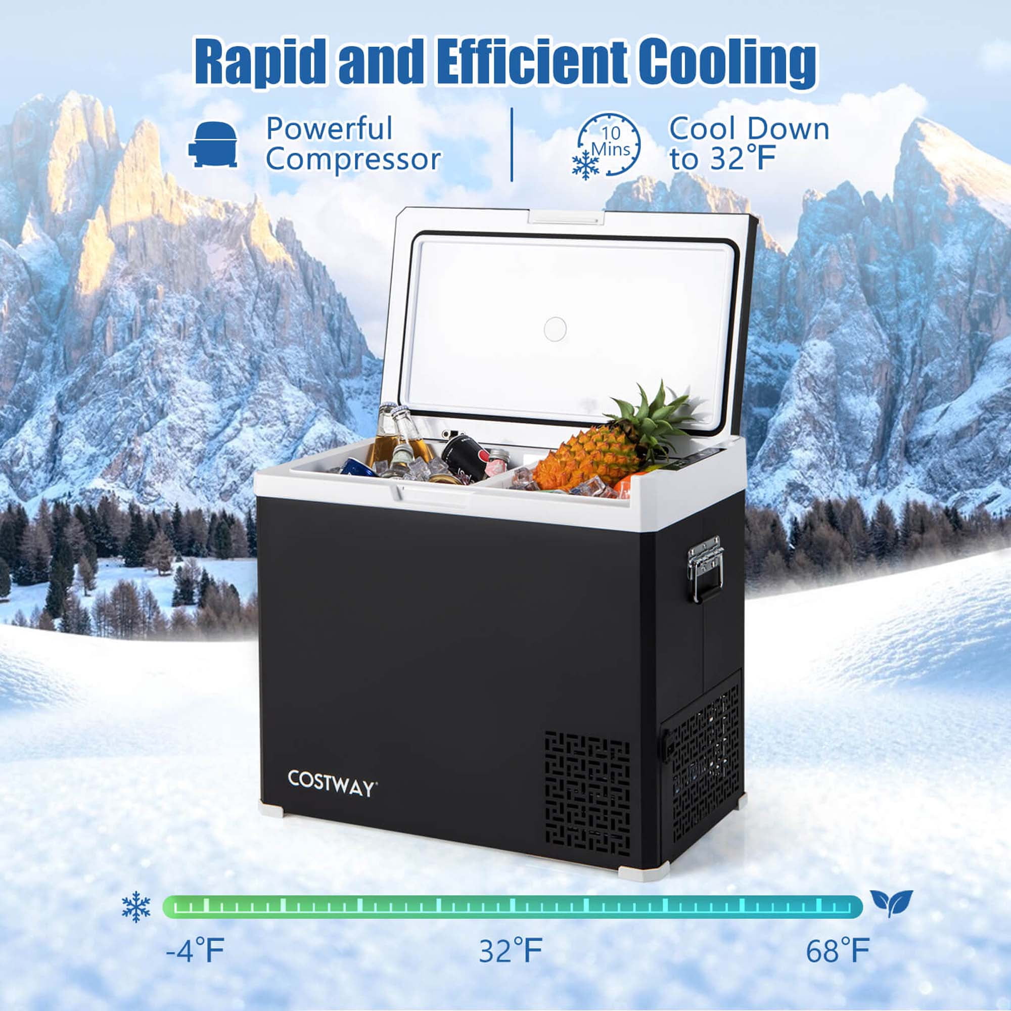 Costway 12 Volt Car Refrigerator 53QT Portable Car Fridge with -4℉~68℉ for RVs Adjustable Range Black