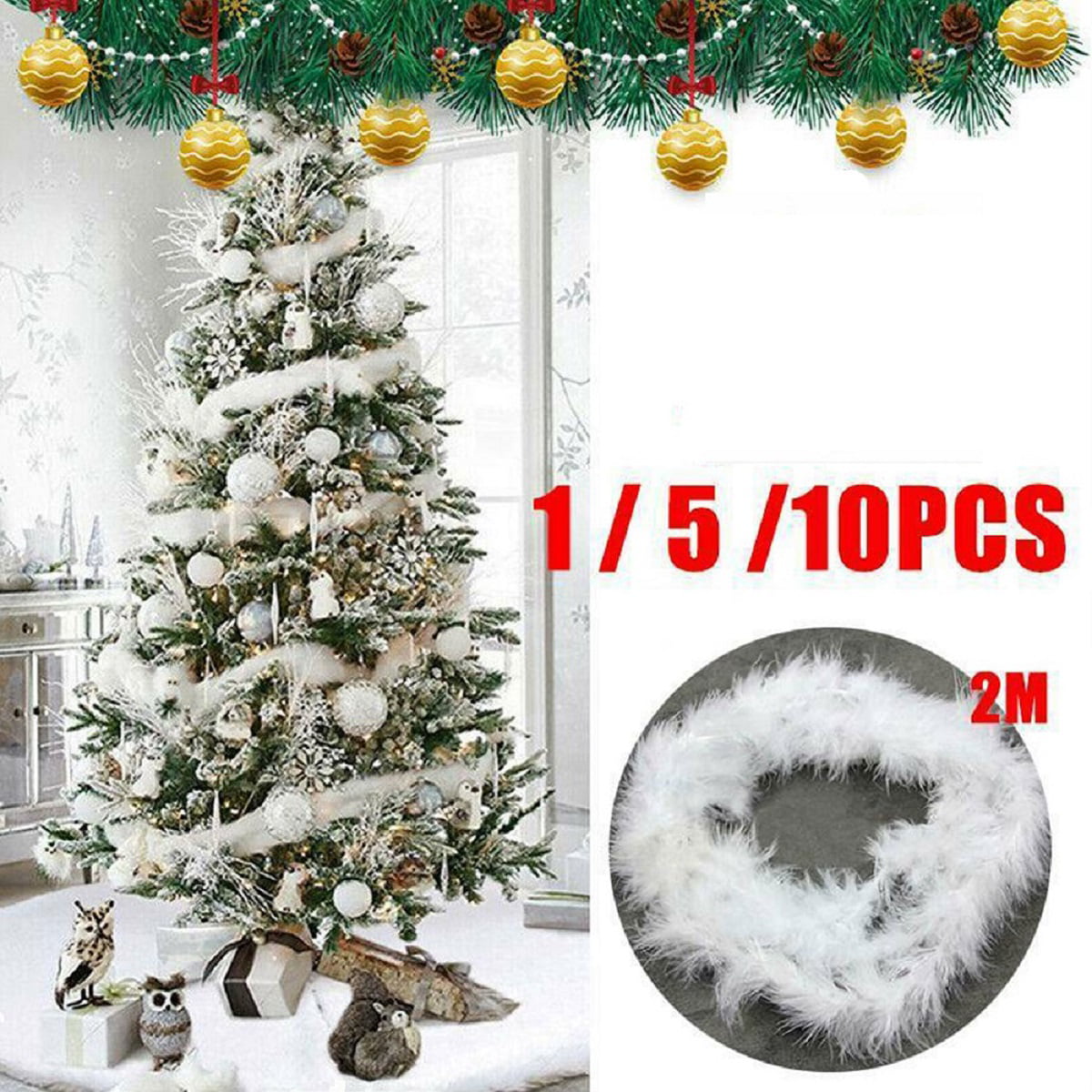 2M White Christmas Tree Feather Boa Strip Xmas Ribbon Party Garland Decor 