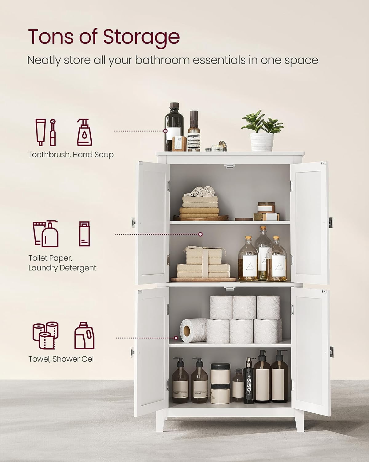 Floor Storage Cabinet,  Storage Unit, Freestanding Cabinet with 4 Doors, 11.8 x 23.6 x 43.3 Inches, White