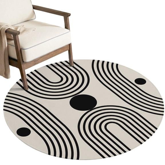 Abstract Geometric Washable Round Area Rug 4 ft, Minimalist Modern Black Line Circle Beige Soft Non‑Slip Rugs Stain Repellent Indoor Mats for Coffee Table, Bedroom, Small Dining Nook