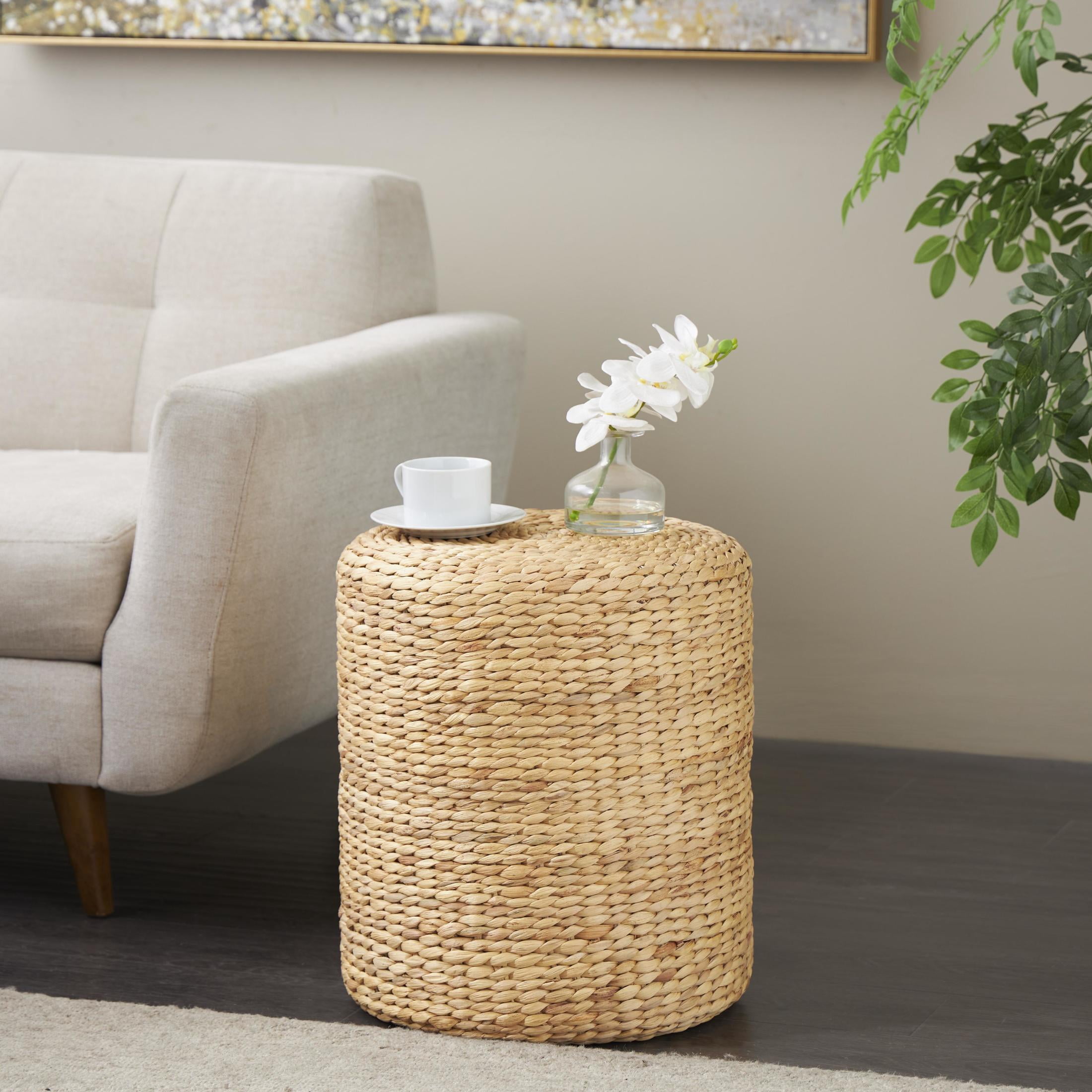 DecMode 16" x 19" Brown Seagrass Handmade Woven Drum Accent Table, 1-Piece