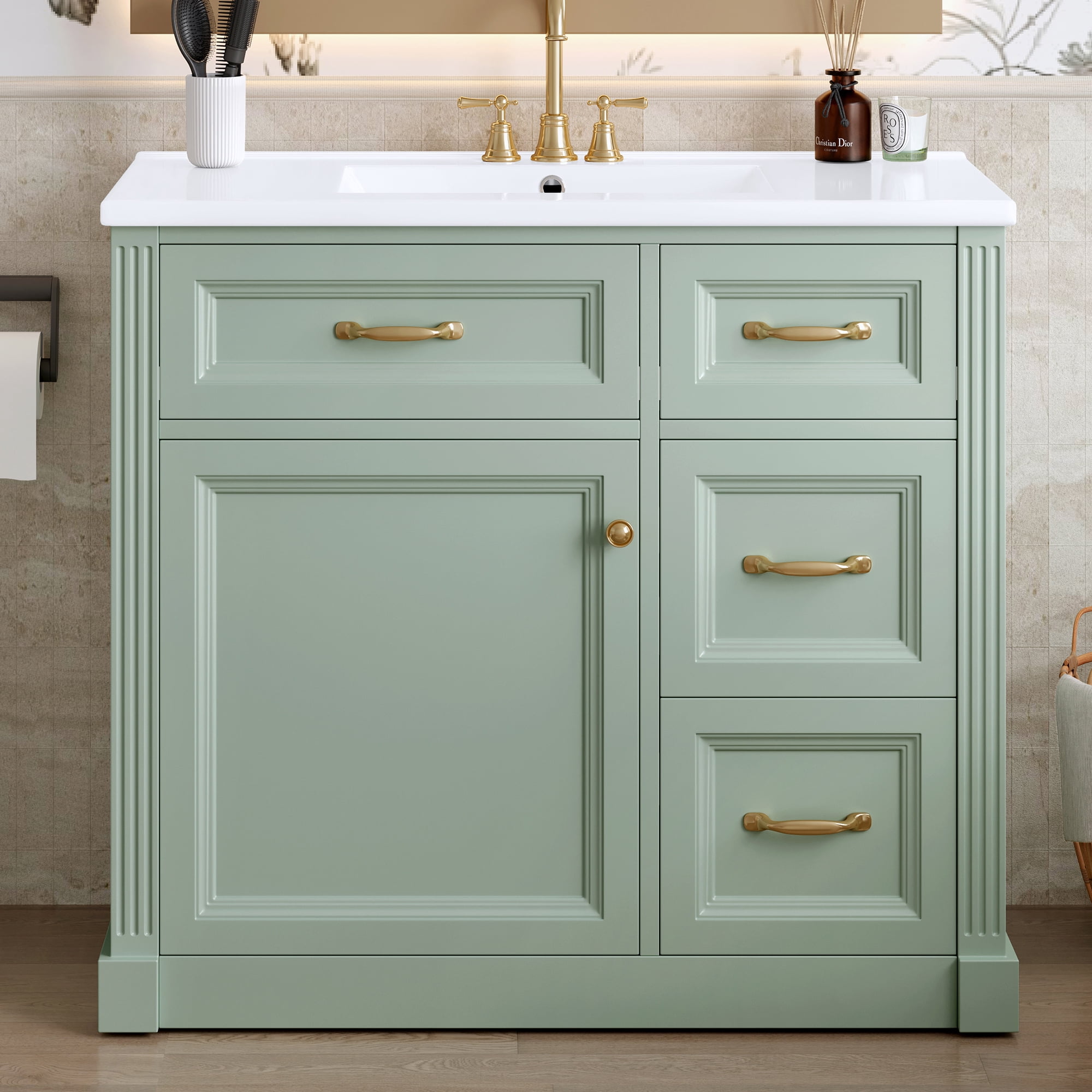 Euroco 36 Inch Bathroom Vanity with Sink, Cabinet with 4 Drawers, Soft-Close Door & Adjustable Shelf, Ceramic Basin, Modern Storage Vanity for Bathroom Organization, Green Finish