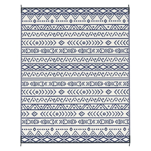 Outdoor Rug 8x10 Reversible, Waterproof Plastic Straw Rug with Carry Bag - Blue & White Geometric Patio Rug for Camping, RV, Beach