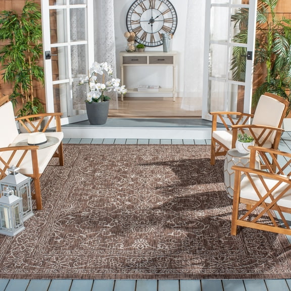 SAFAVIEH Courtyard Darin Botanical Indoor/Outdoor Area Rug, Brown/Ivory, 9' x 12'