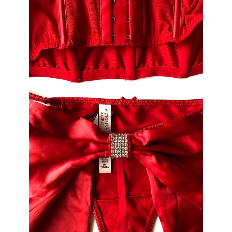 36D MEDIUM Victoria’s Secret red bow ribbon bra set string tie cheeky  panties
