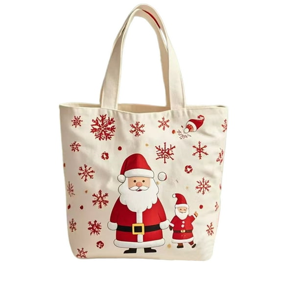 Christmas Santa Claus Canvas Tote Bag, Reusable Shopping Bag with Apple Print Design, Spacious Holiday Gift Bag for Christmas Eve, 8.66 x 10.63 inch