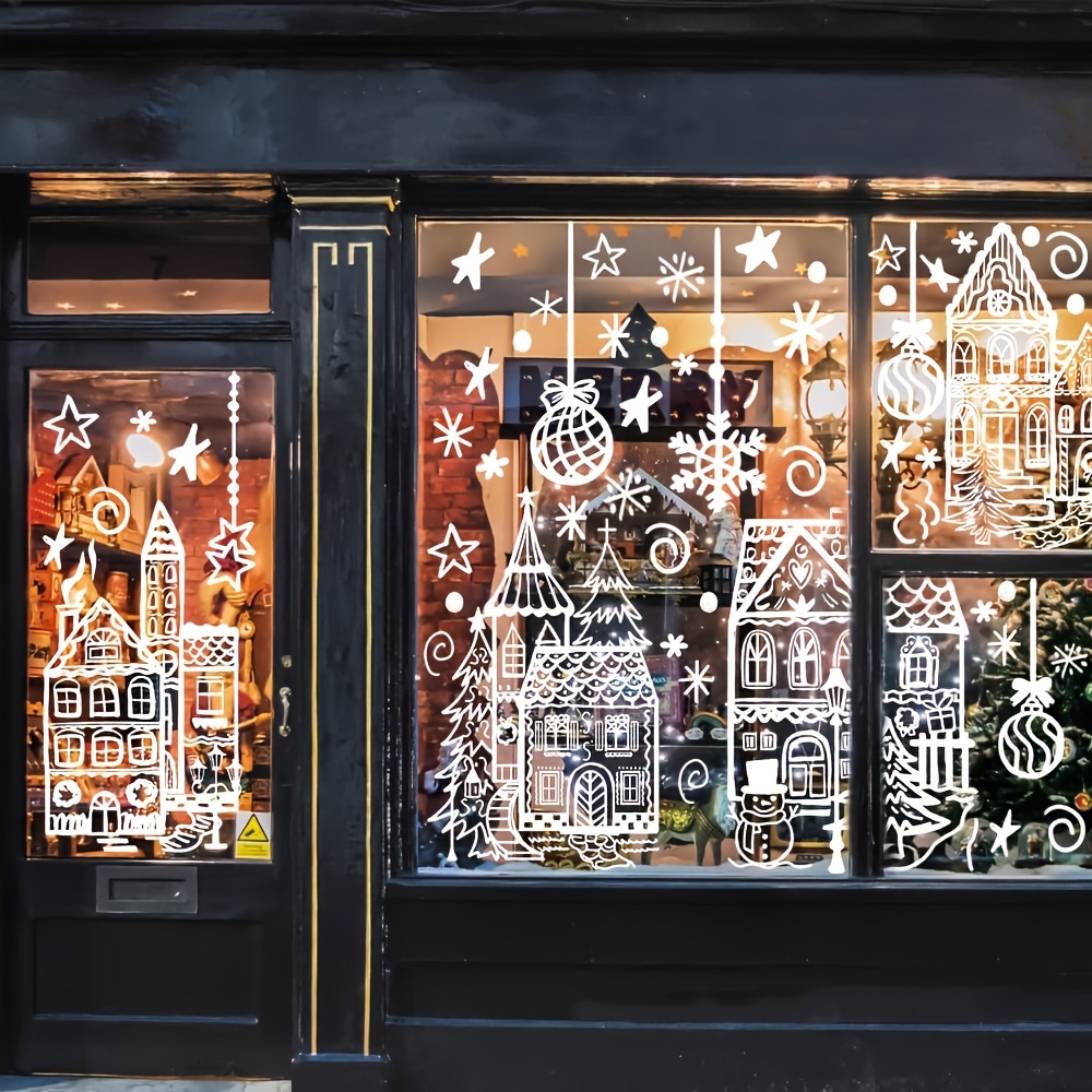 15.7 * 27.5'' Large Christmas Window Stickers 4 Sheets White House Xmas Window Clings Snowman Snowflake Double-Sided Window Decals for Christmas Holiday Party Ornament