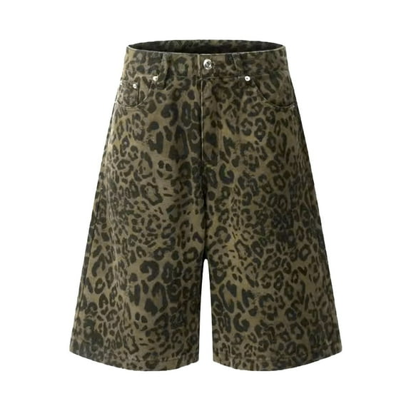 HOWPAY Jean Shorts for Women High Waisted Leopard Print Denim Pants With Pockets Stretchy Summer Casual Loose Fit Wide Leg Lounge Shorts Khaki L