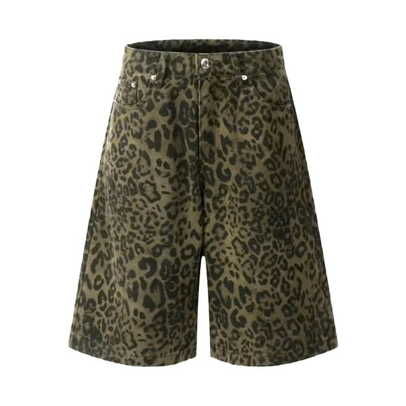 TrendOFT Women's High Waist Jean Shorts Summer Shorts Street Leopard Print Overalls Loose Fit Dungarees Trendy Womens Denim Shorts Khaki M