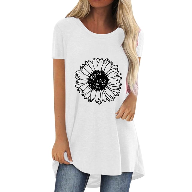 Pxiakgy Vente Chaude!! T-Shirt Graphique Tournesol Mignon à Manches Courtes Imprimé Vintage Mode Décontractée Col Rond Manches Courtes devant Long Dos T-Shirt Blanc m