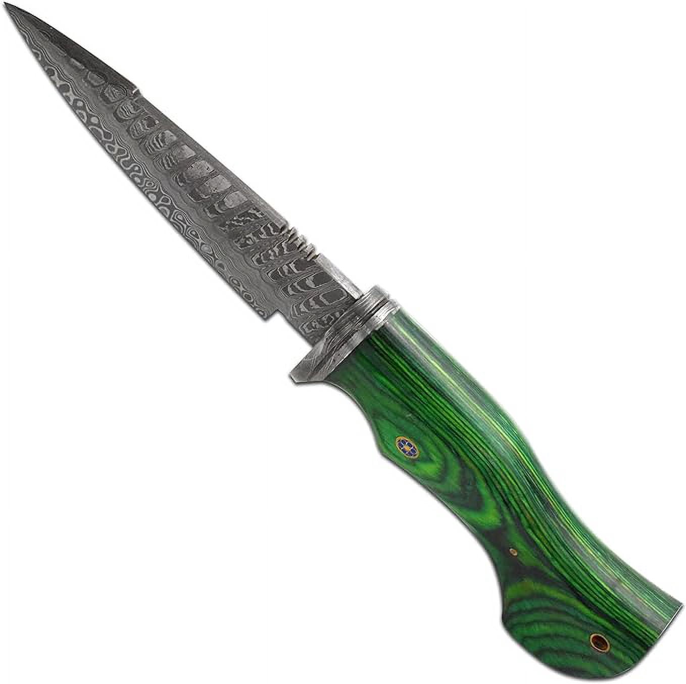 Old Ram Damascus Buck Knife with Sheath - 6" Drop Point Hunting Knife with Leather Sheath (Green Wood)