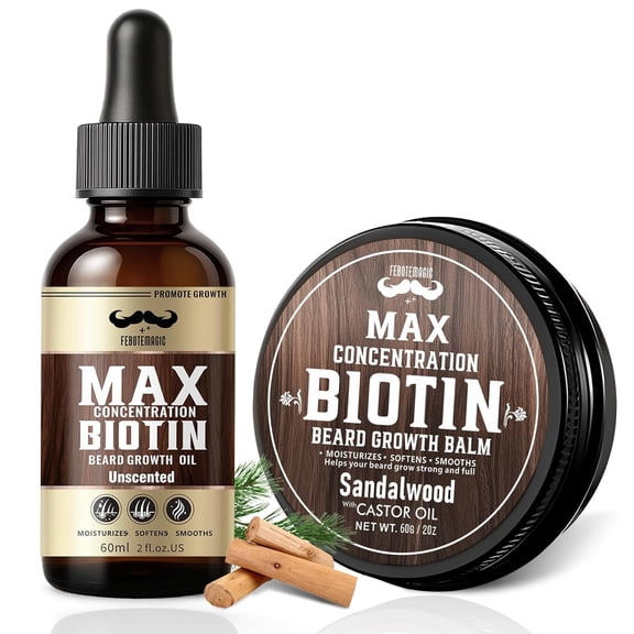 Biotin Beard Oil & Balm Set for Men, 2 Pack Unscented & Sandalwood, Thickening & Fuller Beard Look, Softening & Moisturizing, 4 oz