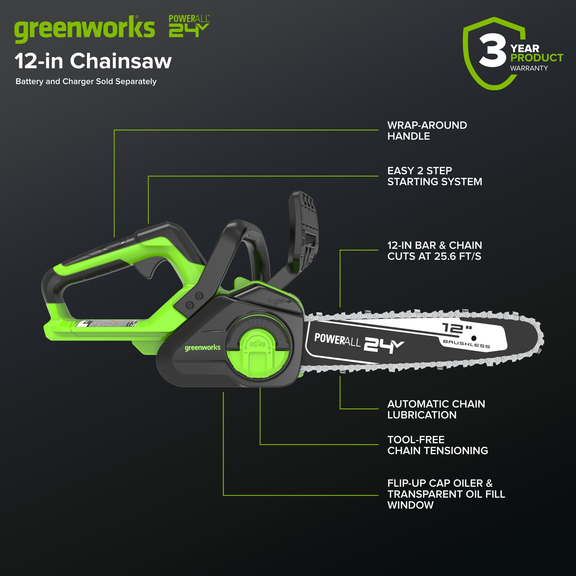 Greenworks 24V 12-inch Brushless Chainsaw, Tool Only, CS24L00