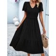 thumbnail image 4 of Women Sundress Summer Floral Short Sleeve Wrap V Neck A-Line Midi Dress Black L, 4 of 8