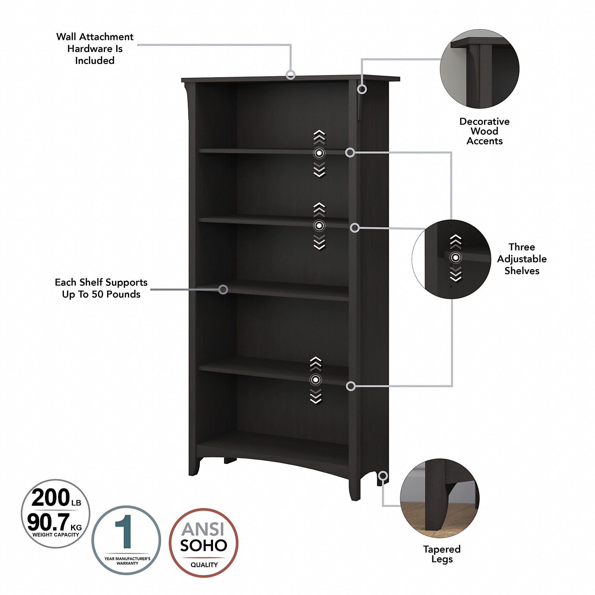 Bush Furniture Salinas Tall 5 Shelf Bookcase, Vintage Black