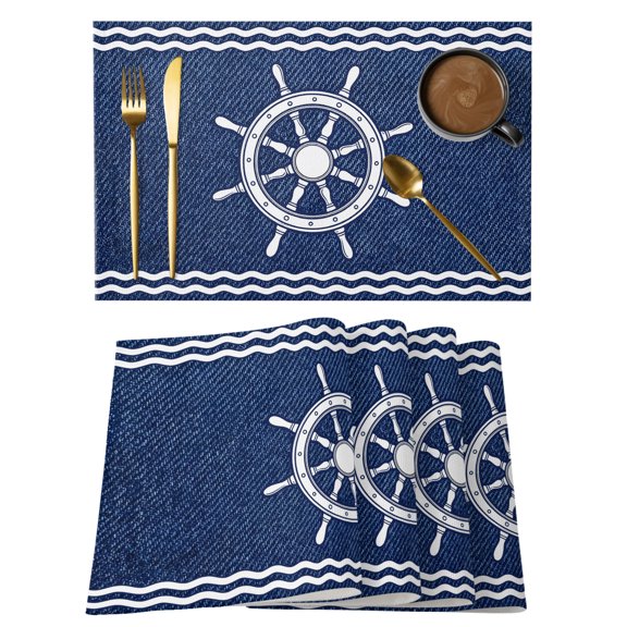 Navy Blue Rudder Nautical Placemats Set of 2 Coastal Summer Ocean Farmhouse Place Mats Indoor Wipeable Table Mats Washable Cloth Dining Table Placemats for Kitchen Holiday Party Home Decor 13x19 Inch