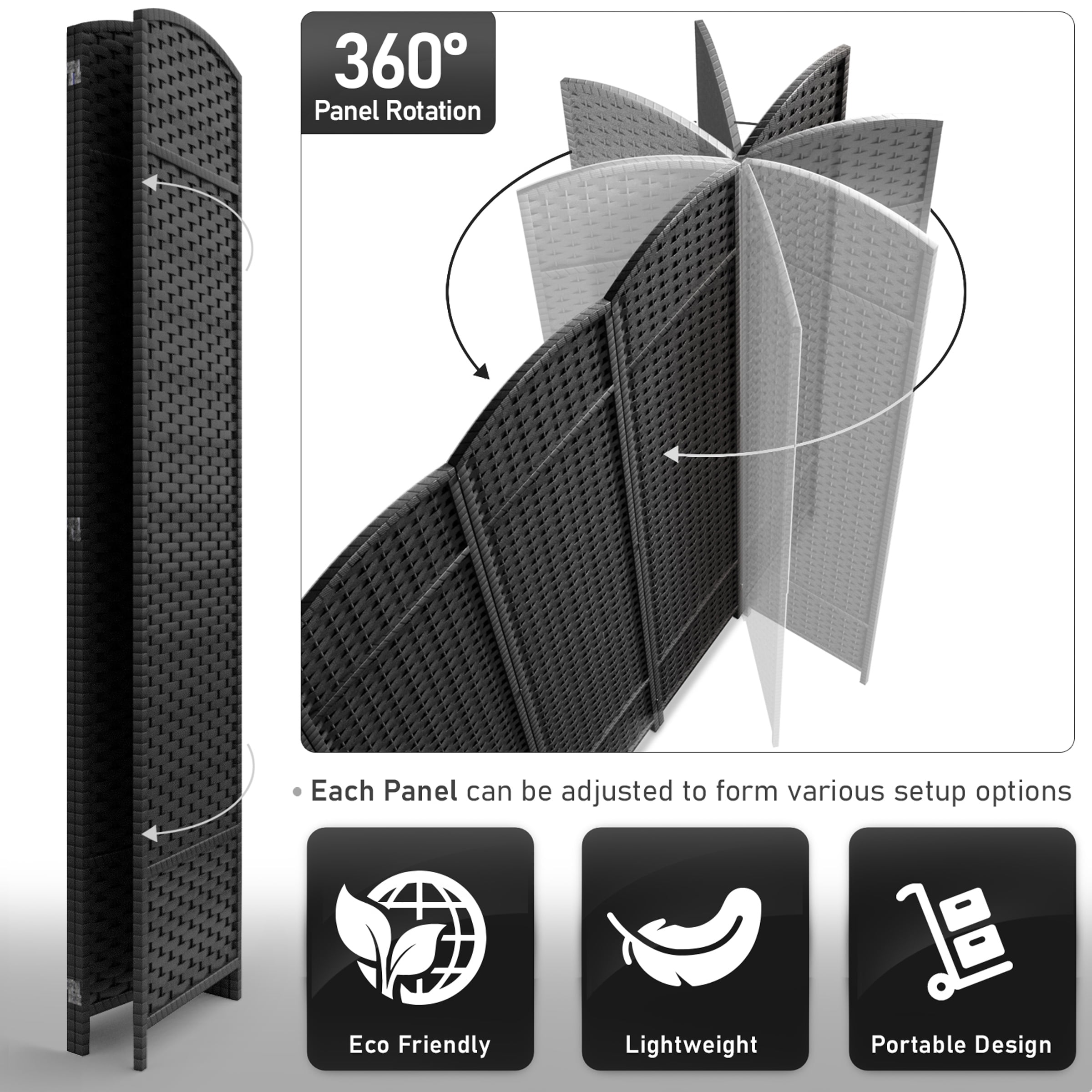 Sorbus 3-Panel Wide Folding Room Divider Privacy Screen, Hand-Woven Black Mesh