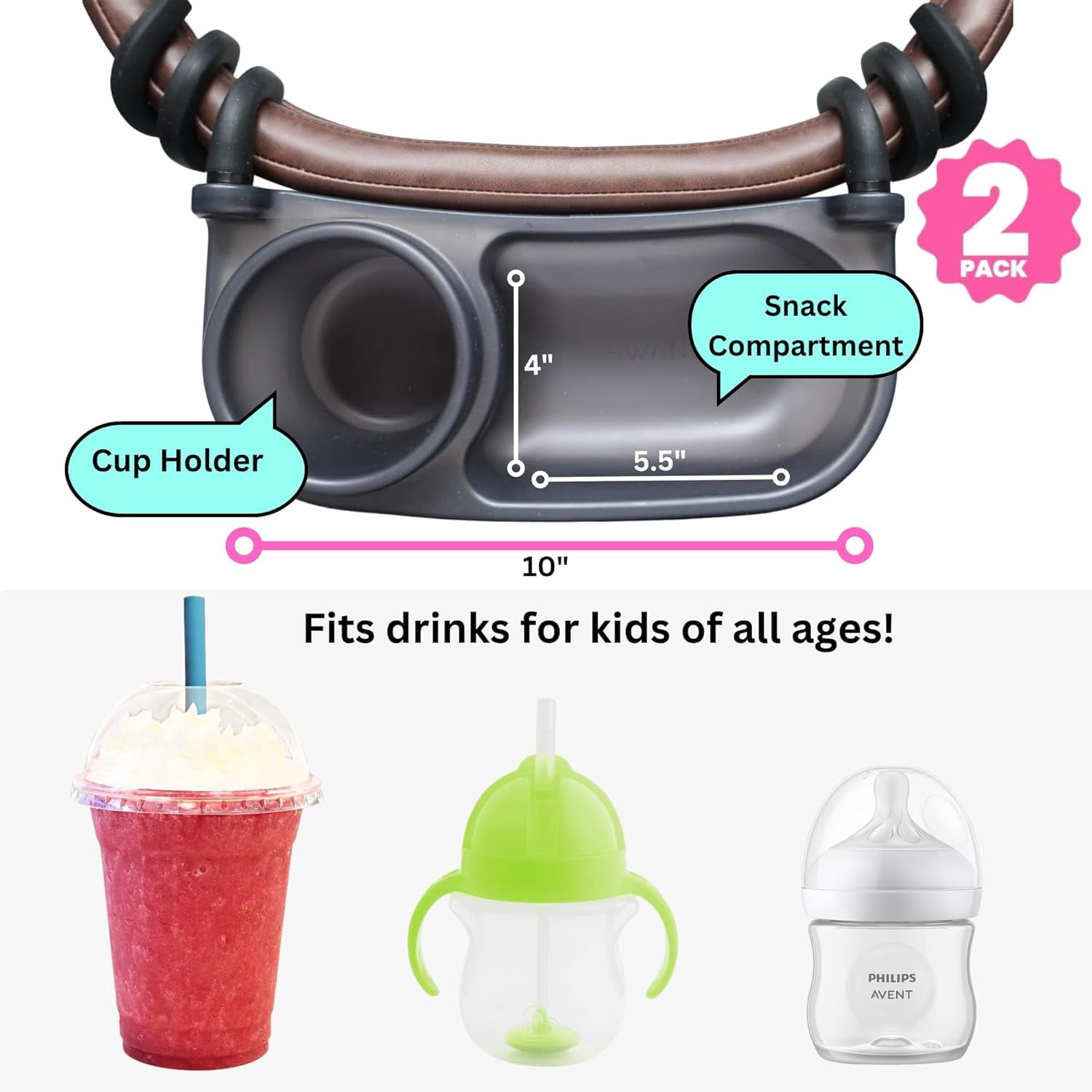 Universal Stroller Snack Tray | Pack of 2 | Compatible with Nuna | Stroller Cup Holder | Bumper Bar | Stroller Tray Attachment with Cups Holder for Baby Toddler | Stroller Accessories