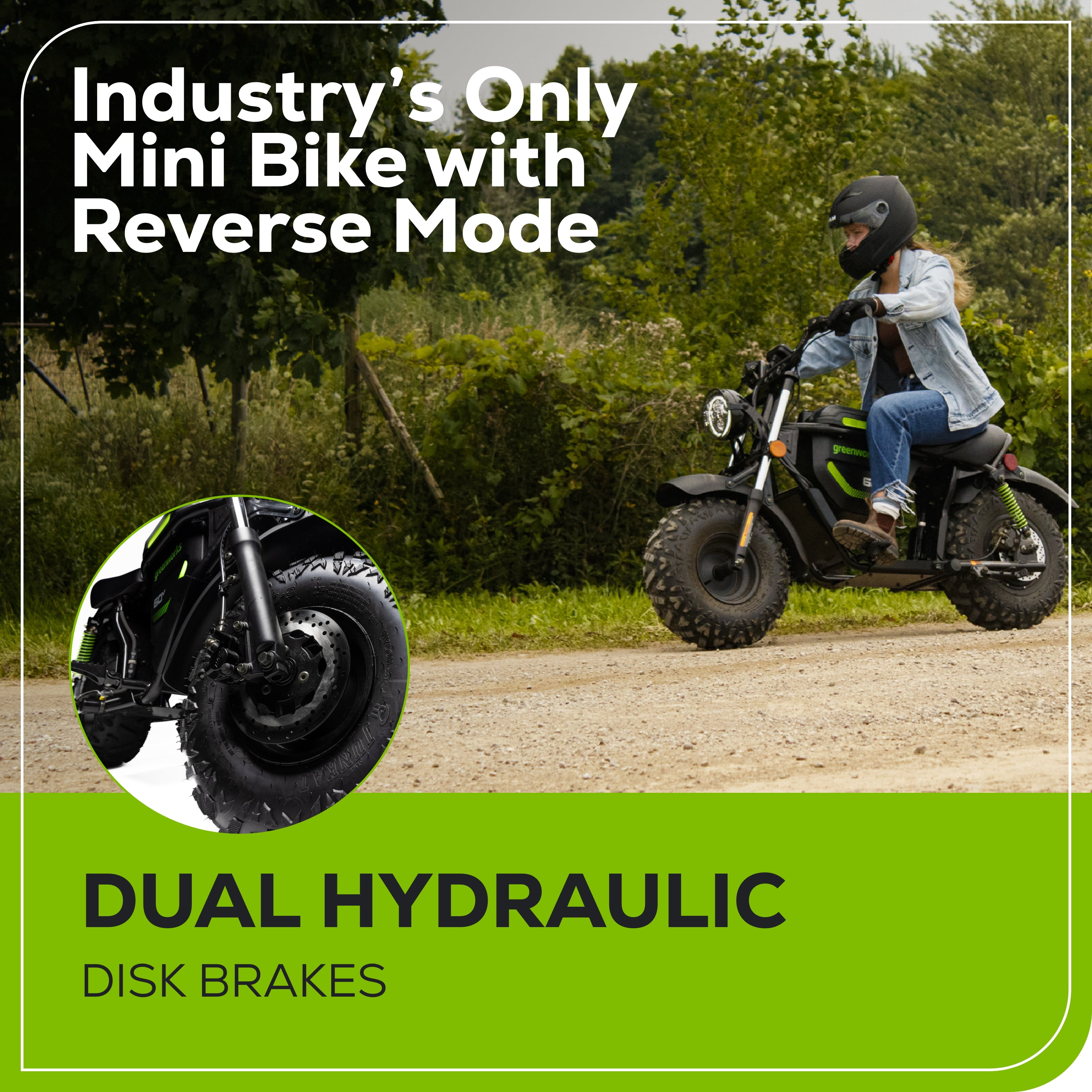 Greenworks 60V STEALTH Series Electric Mini Bike + (2) 8.0Ah Batteries & Dual-Port Rapid Charger