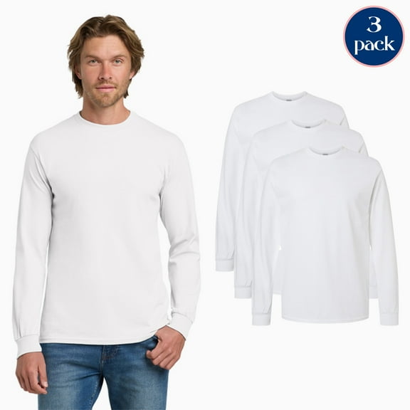 Gildan Men’s Heavy Cotton Long Sleeve T-Shirt, Ribbed Collar and Cuffs White Tee, 3 Pack, S