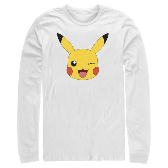 Men's Pokemon Pikachu Wink Face  Long Sleeve Shirt White Medium