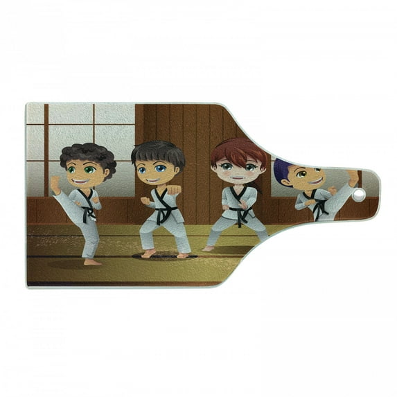 Karate Cutting Board, Children Practicing Martial Arts Self Defence in Dojo Cartoon Illustration, Decorative Tempered Glass Cutting and Serving Board, in 3 Sizes, by Ambesonne