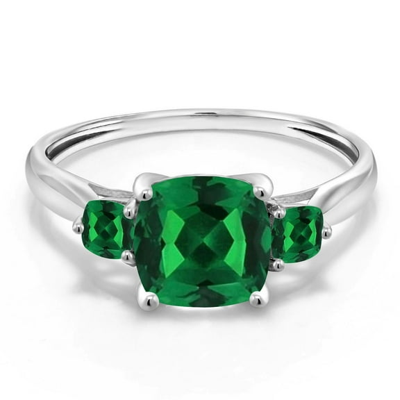 Gem Stone King 10K White Gold Green Nano Emerald 3 Stone Engagement Ring for Women (0.99 Cttw, Cushion 7MM, Gemstone May Birthstone, Size 8)