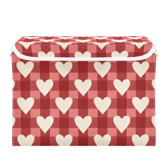 Red Plaids Beige Hearts Valentine Foldable Storage Bins with Lids Handles Collapsible Storage Containers Tote Boxes 16.5 x 12.6 x 11.8 inches